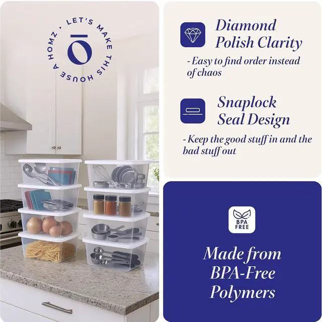 Alt view image 3 of 7 - HOMZ Clear Plastic Storage Bins w/Snaplock Lids, 6 Qt, White, 10 Pack | Stackable Container Set for Home, Office Shelves, Kitchen, Garage, and Bathroom Organization