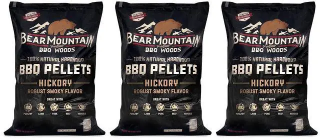 Main image of Bear Mountain FB14 Premium All Natural Low Moisture Hardwood Smoky Hickory BBQ Smoker Pellets for Outdoor Grilling, 40 Pound Bag (3 Pack)