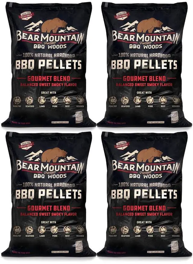 Main image of Bear Mountain FK99 Premium All Natural Low Moisture Hardwood Smoky Gourmet Blend BBQ Smoker Pellets for Outdoor Grilling, 20 Pound Bag (4 Pack)