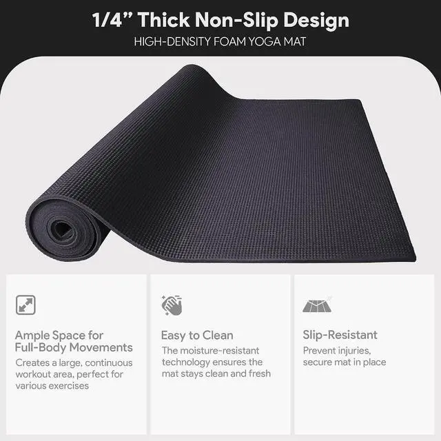 Alt view image 3 of 7 - Fitvids All Purpose 1/4-Inch High Density Anti-Tear Exercise Yoga Mat with Carrying Strap, Multiple Colors