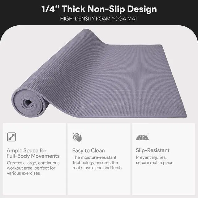 Alt view image 3 of 7 - Fitvids All Purpose 1/4-Inch High Density Anti-Tear Exercise Yoga Mat with Carrying Strap, Multiple Colors