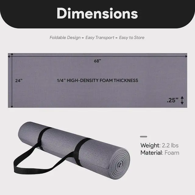 Alt view image 5 of 7 - Fitvids All Purpose 1/4-Inch High Density Anti-Tear Exercise Yoga Mat with Carrying Strap, Multiple Colors