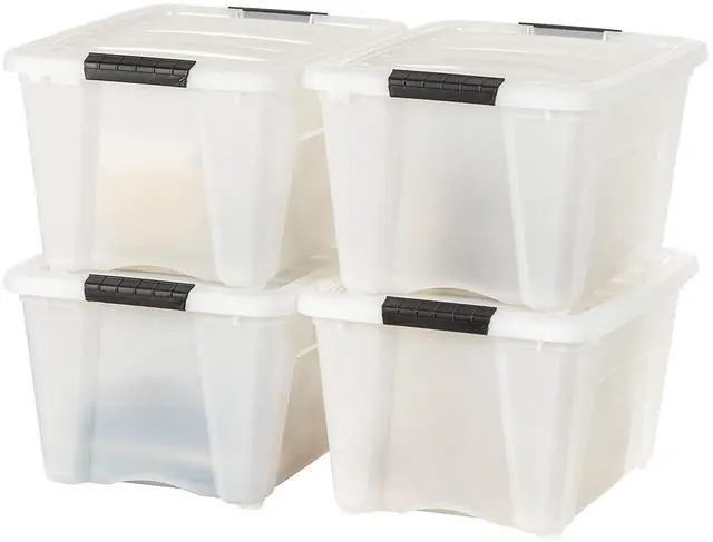 Main image of IRIS USA 4-Pack 32 Quart Storage Bins with Lids, Pearl | Conceals contents for a clean look. Great for linens, décor, closet storage, and supplies. Nestable design saves space