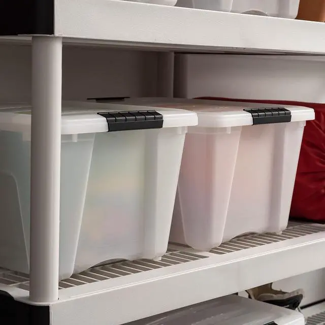 Alt view image 4 of 7 - IRIS USA 4-Pack 32 Quart Storage Bins with Lids, Pearl | Conceals contents for a clean look. Great for linens, décor, closet storage, and supplies. Nestable design saves space