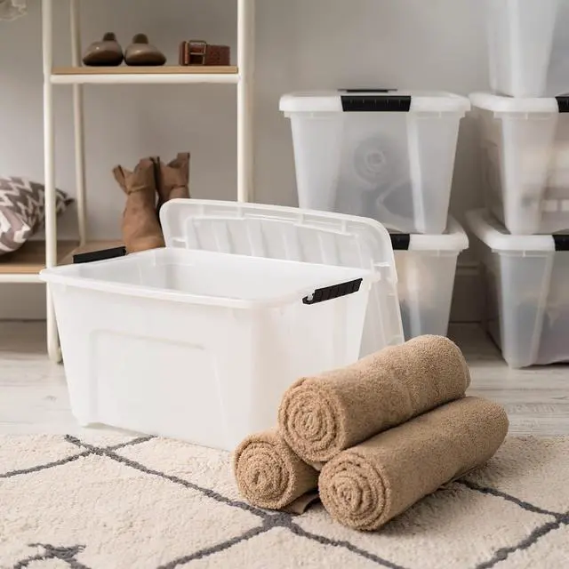 Alt view image 5 of 7 - IRIS USA 4-Pack 32 Quart Storage Bins with Lids, Pearl | Conceals contents for a clean look. Great for linens, décor, closet storage, and supplies. Nestable design saves space