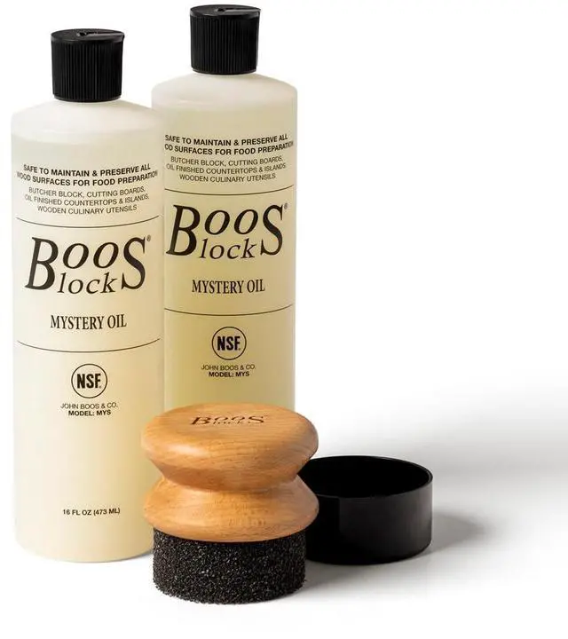 Main image of John Boos 3-Piece Care Set, 2-Pack 16 oz Mystery Oil & Round Beechwood Applicator - All-Natural Maintenance Formula for Butcher Blocks, Wooden Countertops & Wood Utensils