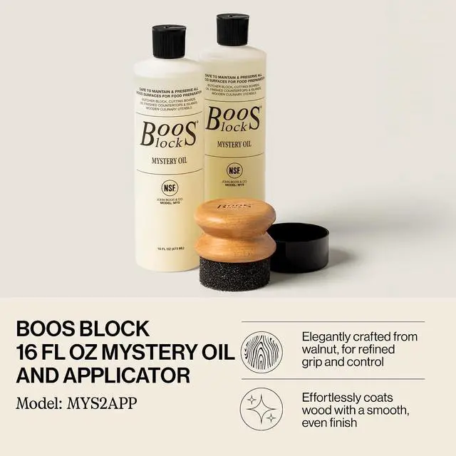 Alt view image 3 of 7 - John Boos 3-Piece Care Set, 2-Pack 16 oz Mystery Oil & Round Beechwood Applicator - All-Natural Maintenance Formula for Butcher Blocks, Wooden Countertops & Wood Utensils