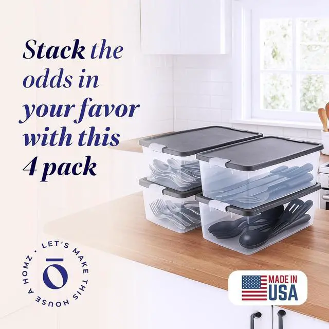 Alt view image 2 of 7 - HOMZ 4-Pack Secure Latch, Clear Plastic Storage Organizer Bins, 15 Quart, Gray Lid - Stackable Container Boxes for Bedroom, Bathroom, Garage, and Office Organization