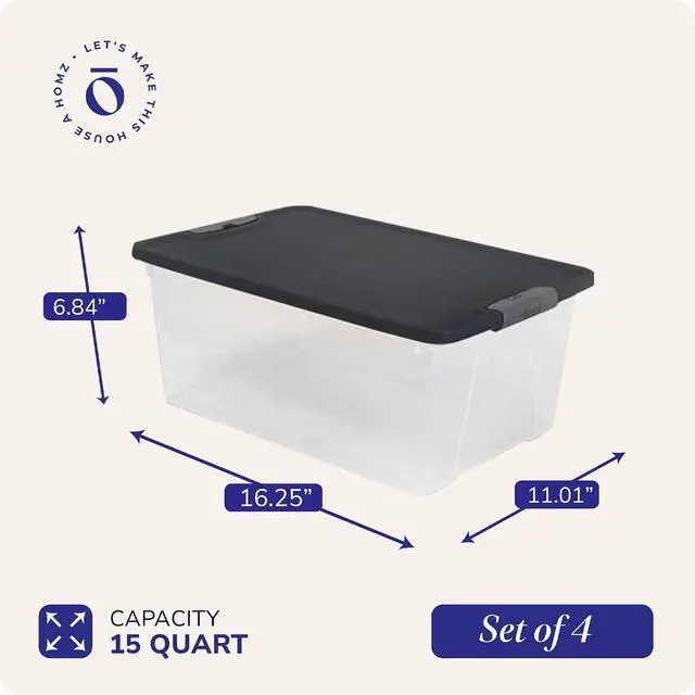 Alt view image 4 of 7 - HOMZ 4-Pack Secure Latch, Clear Plastic Storage Organizer Bins, 15 Quart, Gray Lid - Stackable Container Boxes for Bedroom, Bathroom, Garage, and Office Organization
