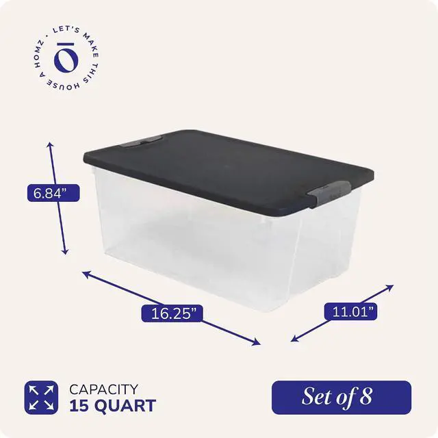 Alt view image 4 of 7 - HOMZ 8-Pack Snaplock, Small Clear Plastic Storage Organizer Bins with Lids, 15 Quart, Gray - Stackable Container Boxes for Bedroom, Bathroom, Garage, and Office Organization