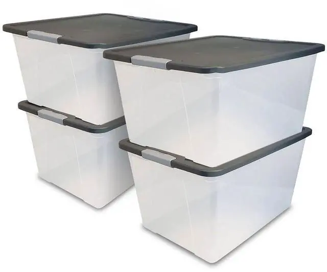Main image of HOMZ 4-Pack Secure Latch, Clear Plastic Storage Organizer Bins, 64 Quart, Gray Lid - Stackable Container Boxes for Bedroom, Bathroom, Garage, and Office Organization