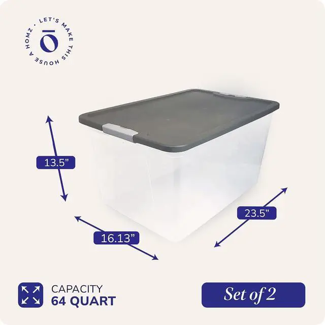 Alt view image 5 of 7 - HOMZ 4-Pack Secure Latch, Clear Plastic Storage Organizer Bins, 64 Quart, Gray Lid - Stackable Container Boxes for Bedroom, Bathroom, Garage, and Office Organization
