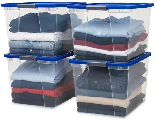 Main image of HOMZ 4-Pack Secure Latch, Clear Plastic Storage Organizer Bins, 64 Quart, Blue Lid - Stackable Container Boxes for Bedroom, Bathroom, Garage, and Office Organization