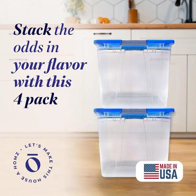 Alt view image 2 of 7 - HOMZ 4-Pack Secure Latch, Clear Plastic Storage Organizer Bins, 64 Quart, Blue Lid - Stackable Container Boxes for Bedroom, Bathroom, Garage, and Office Organization