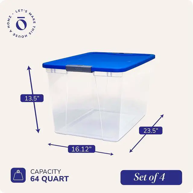 Alt view image 4 of 7 - HOMZ 4-Pack Secure Latch, Clear Plastic Storage Organizer Bins, 64 Quart, Blue Lid - Stackable Container Boxes for Bedroom, Bathroom, Garage, and Office Organization