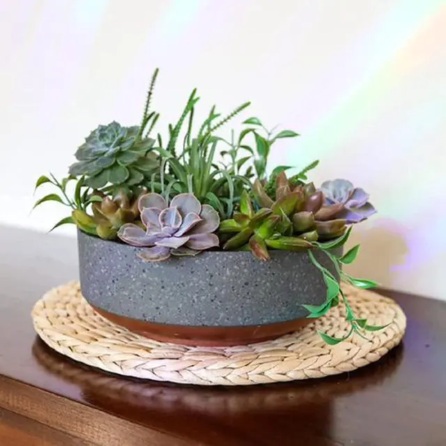 Alt view image 2 of 6 - The HC Companies 8 Inch Round Plastic Succulent Capri Bowl 8"x8"x3" in Faux Concrete Color with Copper Band