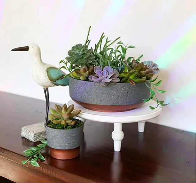 Alt view image 5 of 6 - The HC Companies 8 Inch Round Plastic Succulent Capri Bowl 8"x8"x3" in Faux Concrete Color with Copper Band