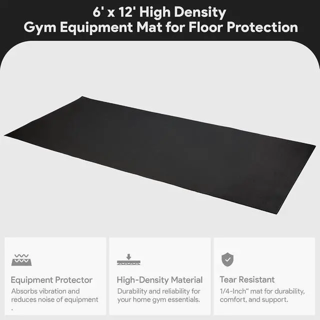 Alt view image 3 of 7 - Fitvids High Density 1/4-Inch Thick Gym Equipment Mat, Non-Slip Floor Protection for Heavy Exercise, Treadmill and Bike Mat in Multiple Sizes