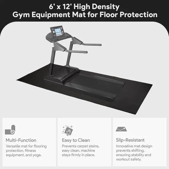 Alt view image 4 of 7 - Fitvids High Density 1/4-Inch Thick Gym Equipment Mat, Non-Slip Floor Protection for Heavy Exercise, Treadmill and Bike Mat in Multiple Sizes