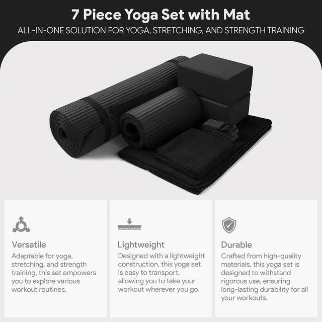 Alt view image 2 of 7 - BalanceFrom 7-Piece Yoga Set with 71x24x0.5 Inches Extra Thick Mat and Carrying Sling Includes 2 Blocks, Stretch Strap, 2 Towels, and Knee Pad for Home, Studio, and Gym Workouts