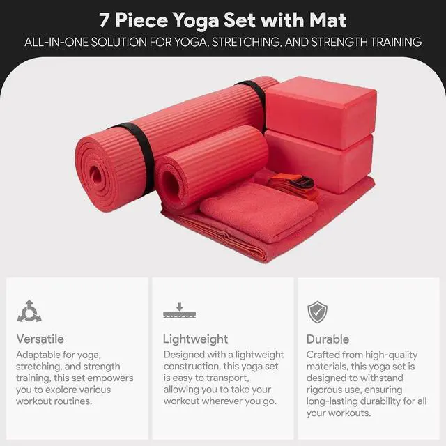 Alt view image 2 of 7 - BalanceFrom 7-Piece Yoga Set with 71x24x0.5 Inches Extra Thick Mat and Carrying Sling Includes 2 Blocks, Stretch Strap, 2 Towels, and Knee Pad for Home, Studio, and Gym Workouts