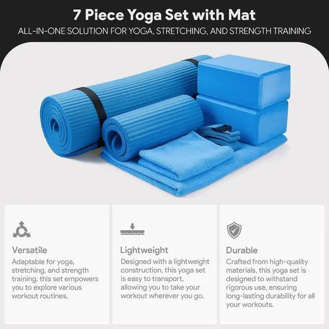 Alt view image 2 of 7 - BalanceFrom 7-Piece Yoga Set with 71x24x0.5 Inches Extra Thick Mat and Carrying Sling Includes 2 Blocks, Stretch Strap, 2 Towels, and Knee Pad for Home, Studio, and Gym Workouts