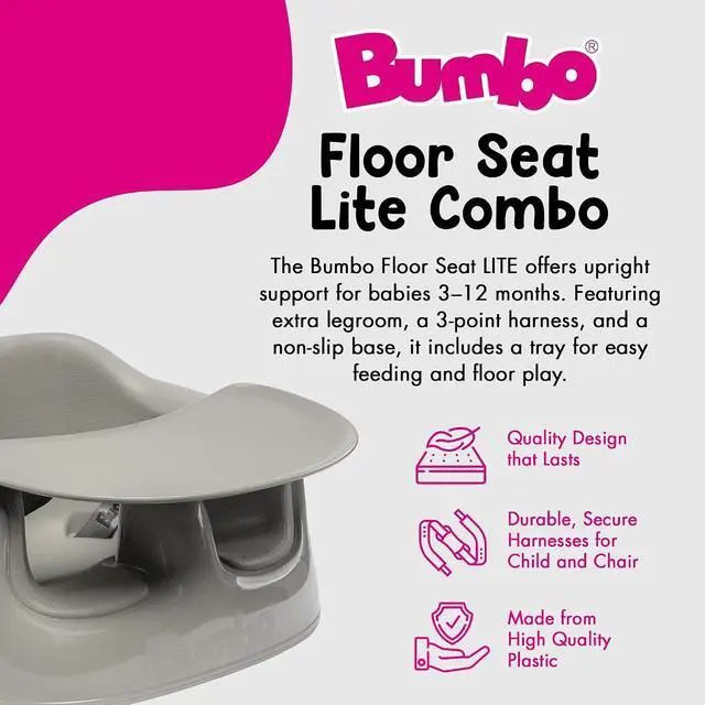 Alt view image 2 of 7 - Bumbo Plastic Floor Seat Lite & Tray Combo for Babies 3 to 12 Months, Breige - Lightweight Portable Baby Chair with Large Legroom and 3-Point Harness for Feeding and Play