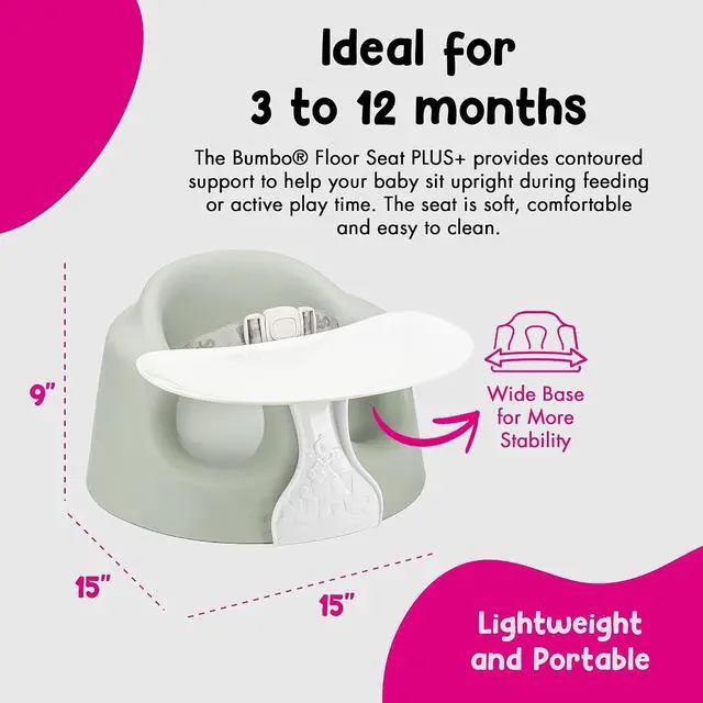 Alt view image 3 of 7 - Bumbo Baby Soft Foam Floor Seat Plus+ with Tray, 3 to 12 Months, Agave | Comfortable Support w/Extra Leg Room Design & 3pt Adjustable Harness - Includes Tray for Infant Feeding & Play, Easy to Clean