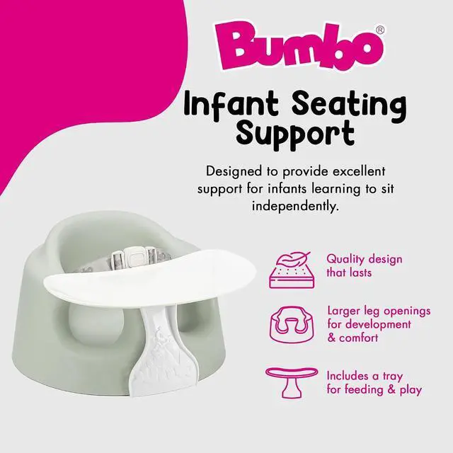 Alt view image 2 of 7 - Bumbo Baby Soft Foam Floor Seat Plus+ with Tray, 3 to 12 Months, Agave | Comfortable Support w/Extra Leg Room Design & 3pt Adjustable Harness - Includes Tray for Infant Feeding & Play, Easy to Clean