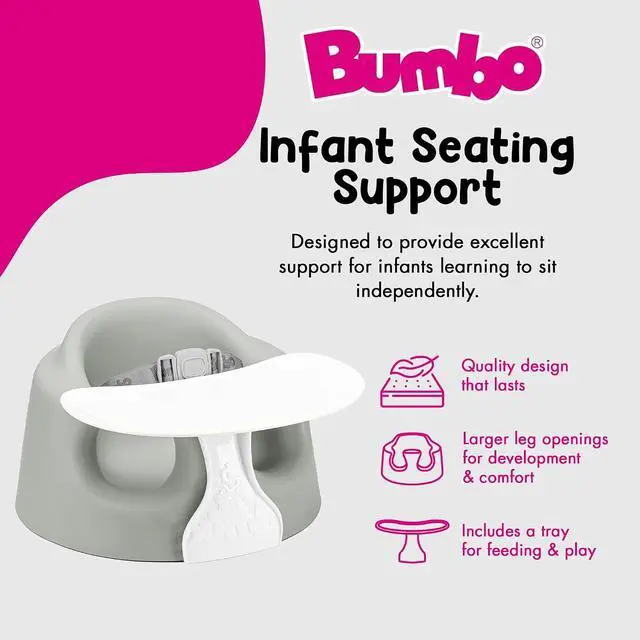Alt view image 2 of 7 - Bumbo Baby Soft Foam Floor Seat Plus+ with Tray, 3 to 12 Months, Monsoon | Comfortable Support w/Extra Leg Room Design & 3pt Adjustable Harness - Includes Tray for Infant Feeding & Play, Easy to Clean