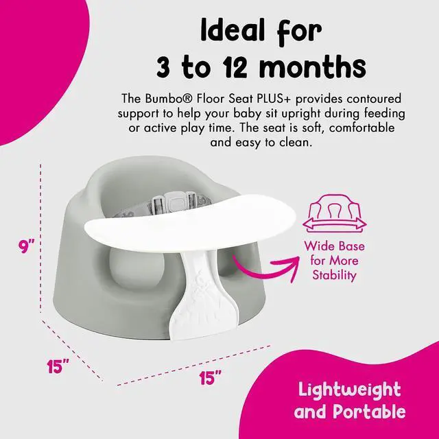 Alt view image 3 of 7 - Bumbo Baby Soft Foam Floor Seat Plus+ with Tray, 3 to 12 Months, Monsoon | Comfortable Support w/Extra Leg Room Design & 3pt Adjustable Harness - Includes Tray for Infant Feeding & Play, Easy to Clean