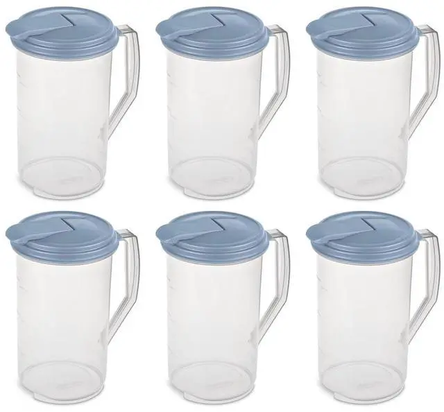 Main image of Sterilite 2 Quart Clear Round Plastic Pitcher, Dishwasher Proof with Blue Lid, Spout, and Handle for Easy Pouring, Washed Blue, 6-Pack