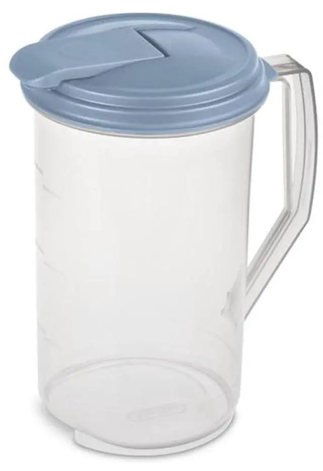 Main image of Sterilite 2 Quart Clear Round Plastic Pitcher, Dishwasher Proof with Blue Lid, Spout, and Handle for Easy Pouring, Washed Blue, 18-Pack