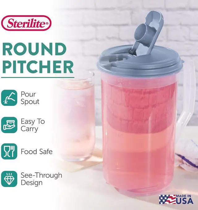 Alt view image 2 of 7 - Sterilite 2 Quart Clear Round Plastic Pitcher, Dishwasher Proof with Blue Lid, Spout, and Handle for Easy Pouring, Washed Blue, 18-Pack