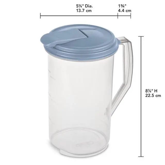 Alt view image 3 of 7 - Sterilite 2 Quart Clear Round Plastic Pitcher, Dishwasher Proof with Blue Lid, Spout, and Handle for Easy Pouring, Washed Blue, 18-Pack