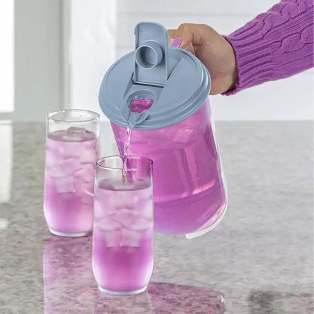 Alt view image 4 of 7 - Sterilite 2 Quart Clear Round Plastic Pitcher, Dishwasher Proof with Blue Lid, Spout, and Handle for Easy Pouring, Washed Blue, 18-Pack