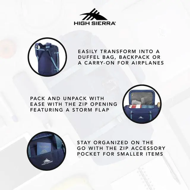 Alt view image 3 of 7 - High Sierra Fairlead Travel Overnight Duffel Backpack Gym Bag with Padded Handles, Compression Straps, and Multiple Pockets, True Navy/Graphite Blue