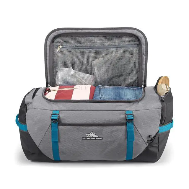 Alt view image 5 of 7 - High Sierra Fairlead Convertible Duffel Bag, Lightweight and Durable Weekender Duffel, easily converts into backpack, 64L Capacity, Steel Gray/Mercury/Blue