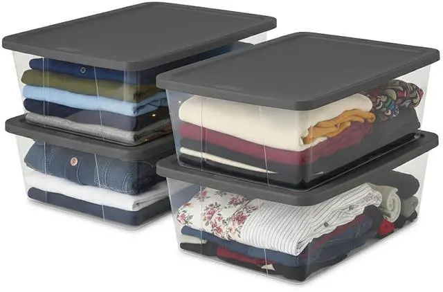 Main image of HOMZ 4-Pack Snaplock, Small Clear Plastic Storage Organizer Bins w/Lids, 12 Quart, Gray - Stackable Container Boxes for Bedroom, Bathroom, Garage, and Office Organization