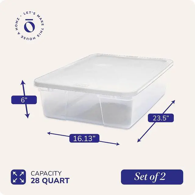 Alt view image 4 of 7 - HOMZ 2-Pack Snaplock, Small Clear Plastic Storage Organizer Bins w/ Lids, 28 Quart, White - Stackable Container Boxes for Bedroom, Bathroom, Garage, and Office Organization