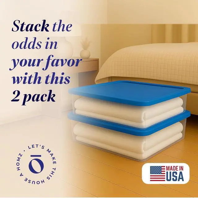 Alt view image 2 of 7 - HOMZ 2-Pack Snaplock, Small Clear Plastic Storage Organizer Bins with Lids, 28 Quart, Blue - Stackable Container Boxes for Bedroom, Bathroom, Garage, and Office Organization