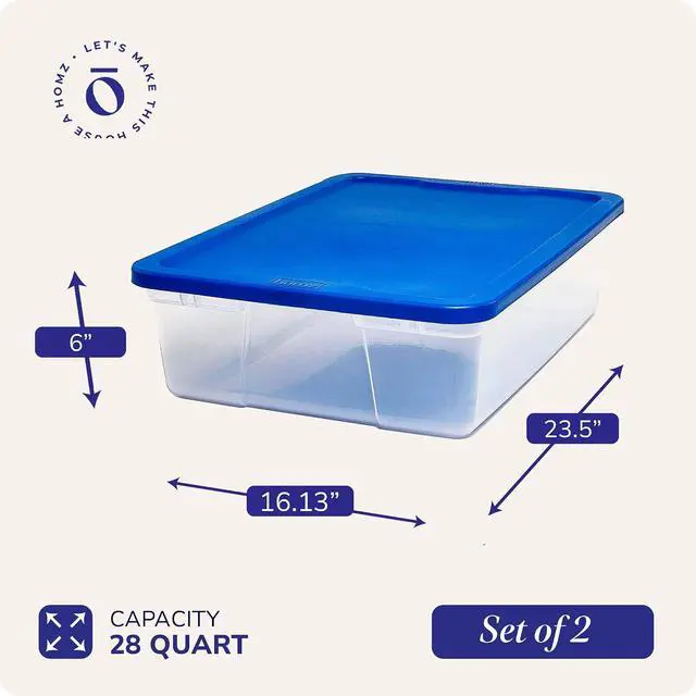 Alt view image 4 of 7 - HOMZ 2-Pack Snaplock, Small Clear Plastic Storage Organizer Bins with Lids, 28 Quart, Blue - Stackable Container Boxes for Bedroom, Bathroom, Garage, and Office Organization