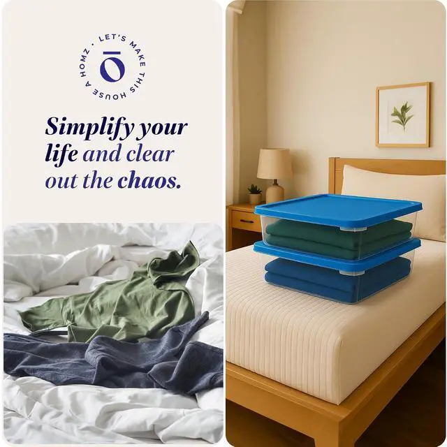 Alt view image 6 of 7 - HOMZ 2-Pack Snaplock, Small Clear Plastic Storage Organizer Bins with Lids, 28 Quart, Blue - Stackable Container Boxes for Bedroom, Bathroom, Garage, and Office Organization