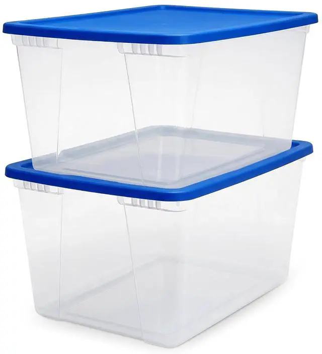 Main image of HOMZ 2-Pack Snaplock, Large Clear Plastic Storage Organizer Bins w/Lids, 56 Quart, Blue - Stackable Container Boxes for Bedroom, Bathroom, Garage, and Office Organization