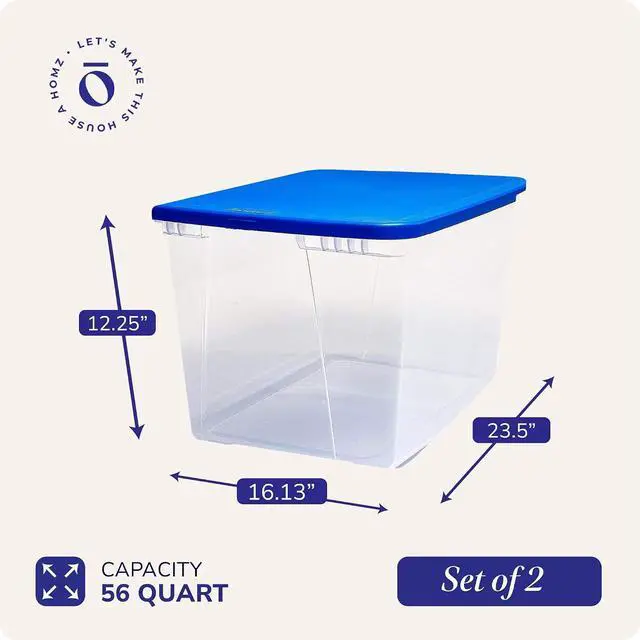 Alt view image 4 of 7 - HOMZ 2-Pack Snaplock, Large Clear Plastic Storage Organizer Bins w/Lids, 56 Quart, Blue - Stackable Container Boxes for Bedroom, Bathroom, Garage, and Office Organization