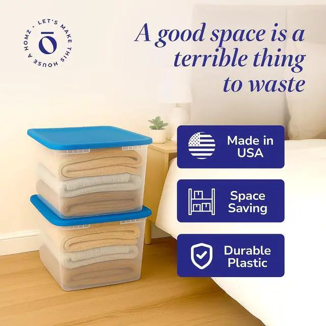 Alt view image 5 of 7 - HOMZ 2-Pack Snaplock, Large Clear Plastic Storage Organizer Bins w/Lids, 56 Quart, Blue - Stackable Container Boxes for Bedroom, Bathroom, Garage, and Office Organization