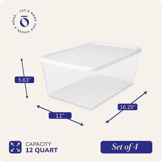 Alt view image 4 of 7 - HOMZ 4-Pack Snaplock, Small Clear Plastic Storage Organizer Bins w/Lids, 12 Quart, White - Stackable Container Boxes for Bedroom, Bathroom, Garage, and Office Organization