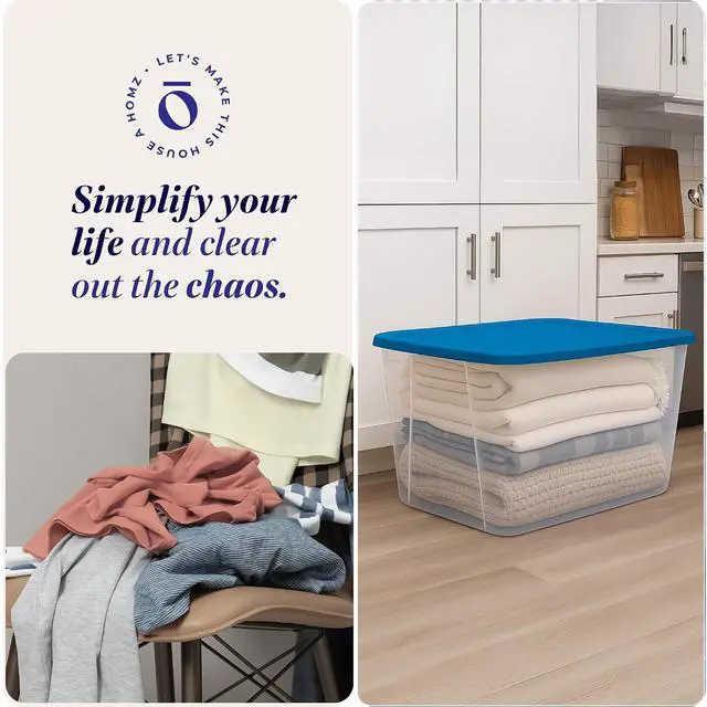 Alt view image 6 of 7 - HOMZ 2-Pack Snaplock, Large Clear Plastic Storage Organizer Bins w/Lids, 56 Quart, Blue - Stackable Container Boxes for Bedroom, Bathroom, Garage, and Office Organization