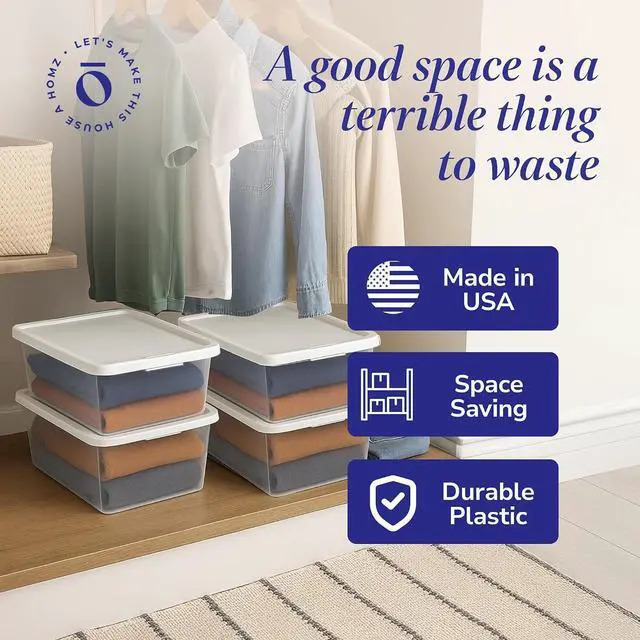 Alt view image 5 of 7 - HOMZ 4-Pack Snaplock, Small Clear Plastic Storage Organizer Bins w/Lids, 12 Quart, White - Stackable Container Boxes for Bedroom, Bathroom, Garage, and Office Organization