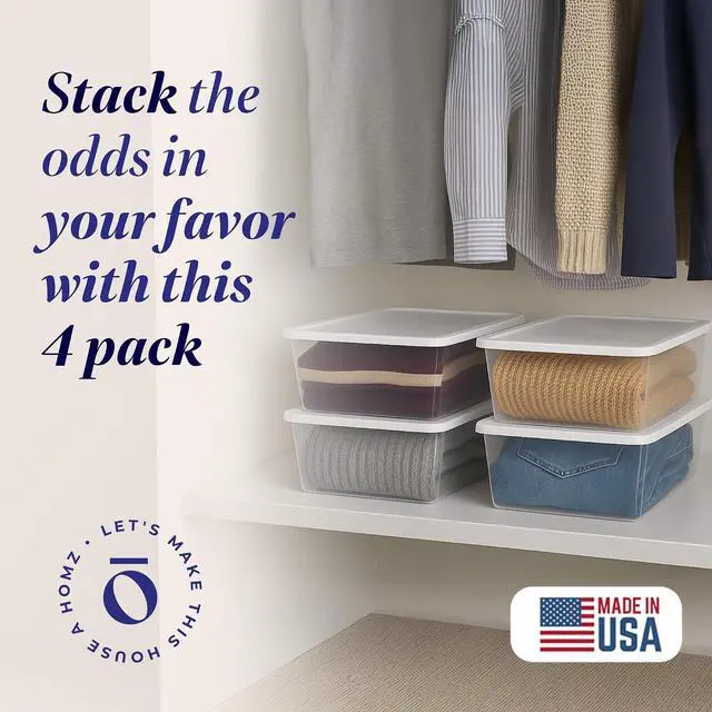 Alt view image 2 of 7 - HOMZ 4-Pack Snaplock, Small Clear Plastic Storage Organizer Bins w/Lids, 12 Quart, White - Stackable Container Boxes for Bedroom, Bathroom, Garage, and Office Organization
